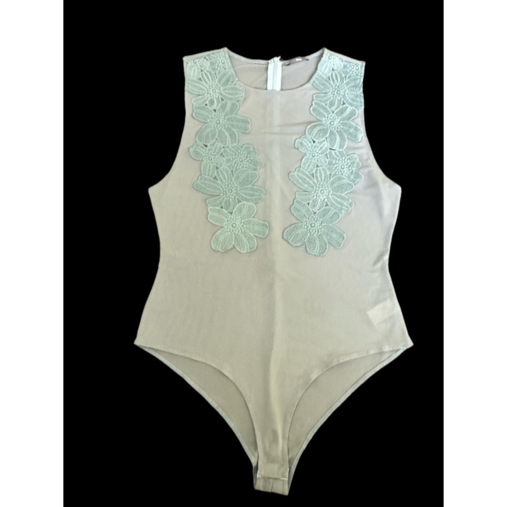 Charlotte Russe Sage Green Floral‎ Lace Mesh Bodysuit Sleeveless XL B3715
